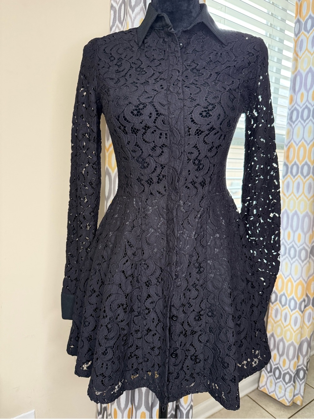 Olivaceous Black Long-Sleeve Lace Fit-and-Flare Dress
